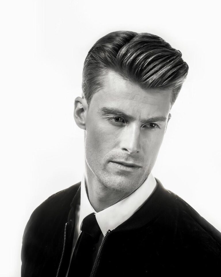 Men's classic side-part pompadour, black and white portrait, Avalon Salon Calgary