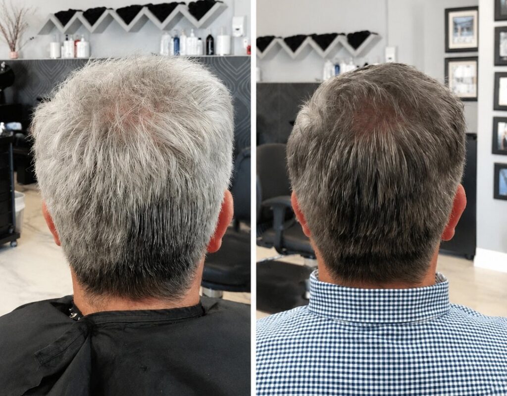 men's grey blending before and after at Avalon Salon Calgary