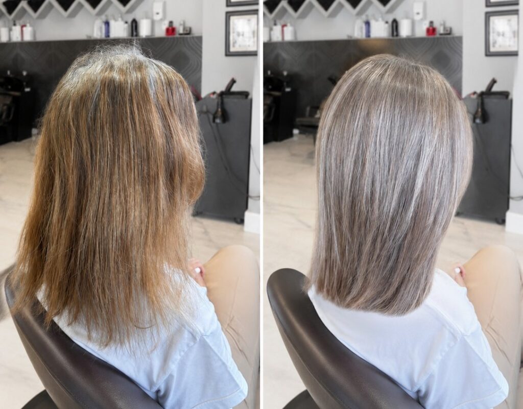 Before and after at Avalon Salon Calgary: uneven brassy shoulder-length hair, then smooth ash-toned hair with a blunt line